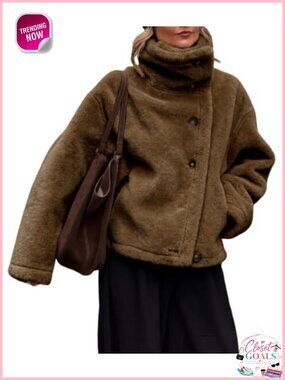 Oversized Sherpa Fleece Button Down Winter Coat Stand Collar Warm Casual